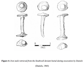 Illustration for article titled 1500-year-old English skeleton was "ritually staked" with iron nails